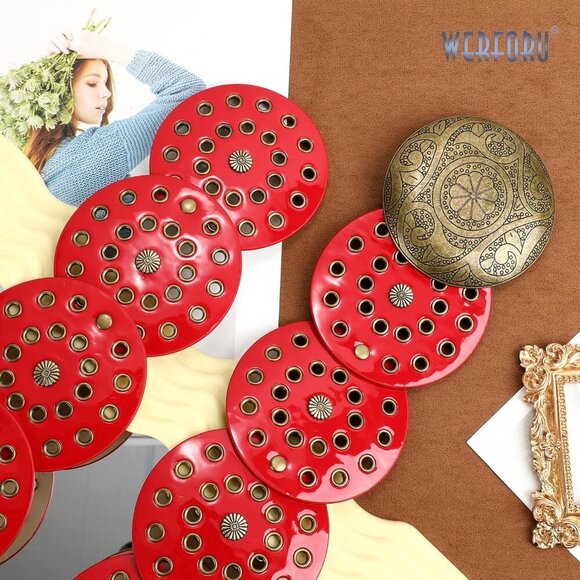 Women\'s Vintage Leather Belt Western Disc Waist Belts Belt Red Silver Buckle main image 6